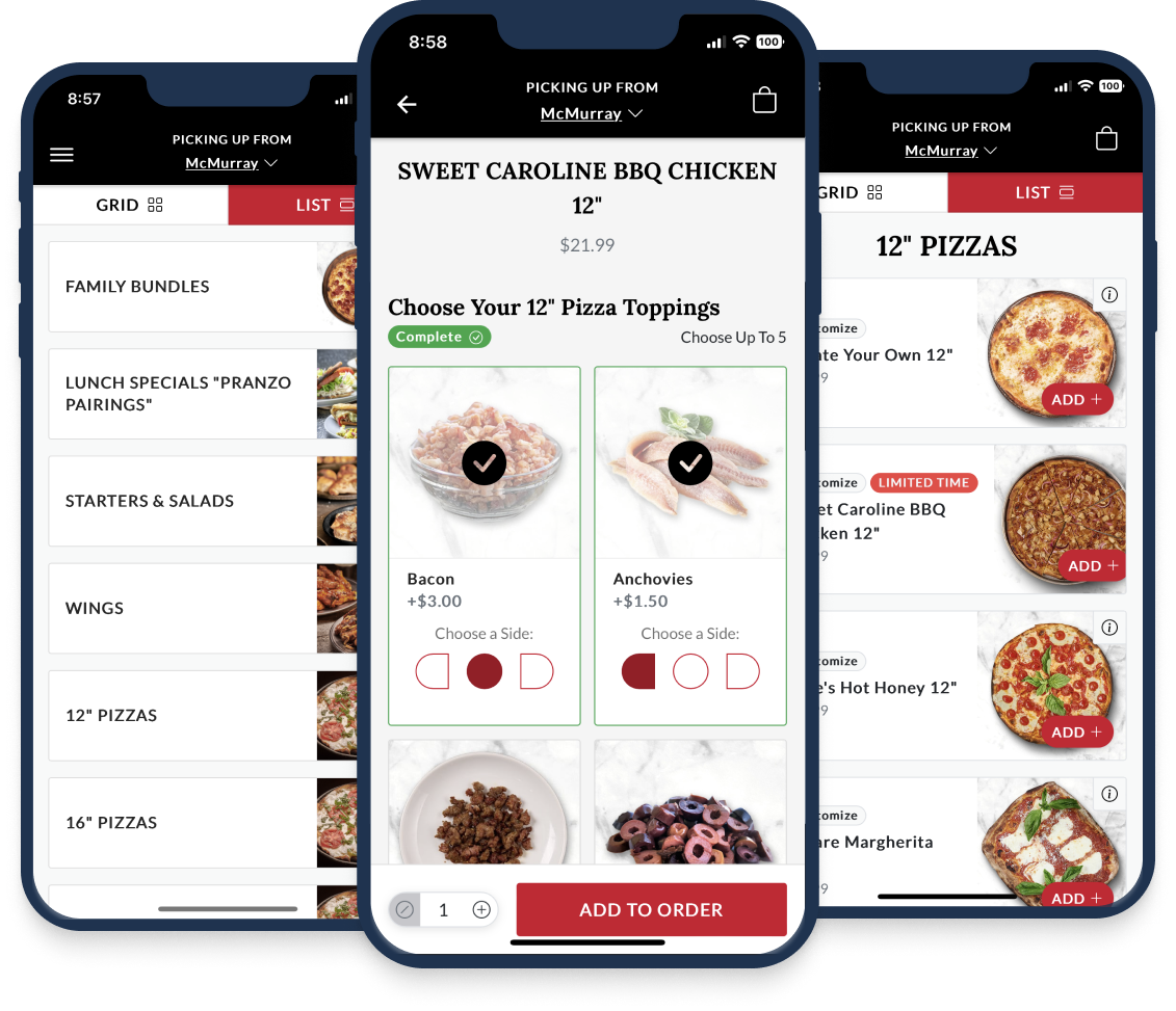 DineEngine and Anthony's Coal Fired Pizza's app showing the menu and half and half pizza customization