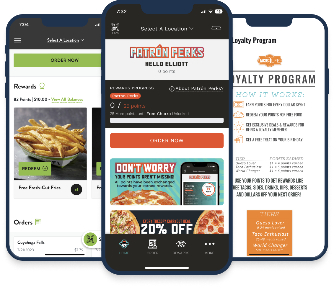 DineEngine + Paytronix mobile apps highlighting rewards, program details, and loyalty tiers