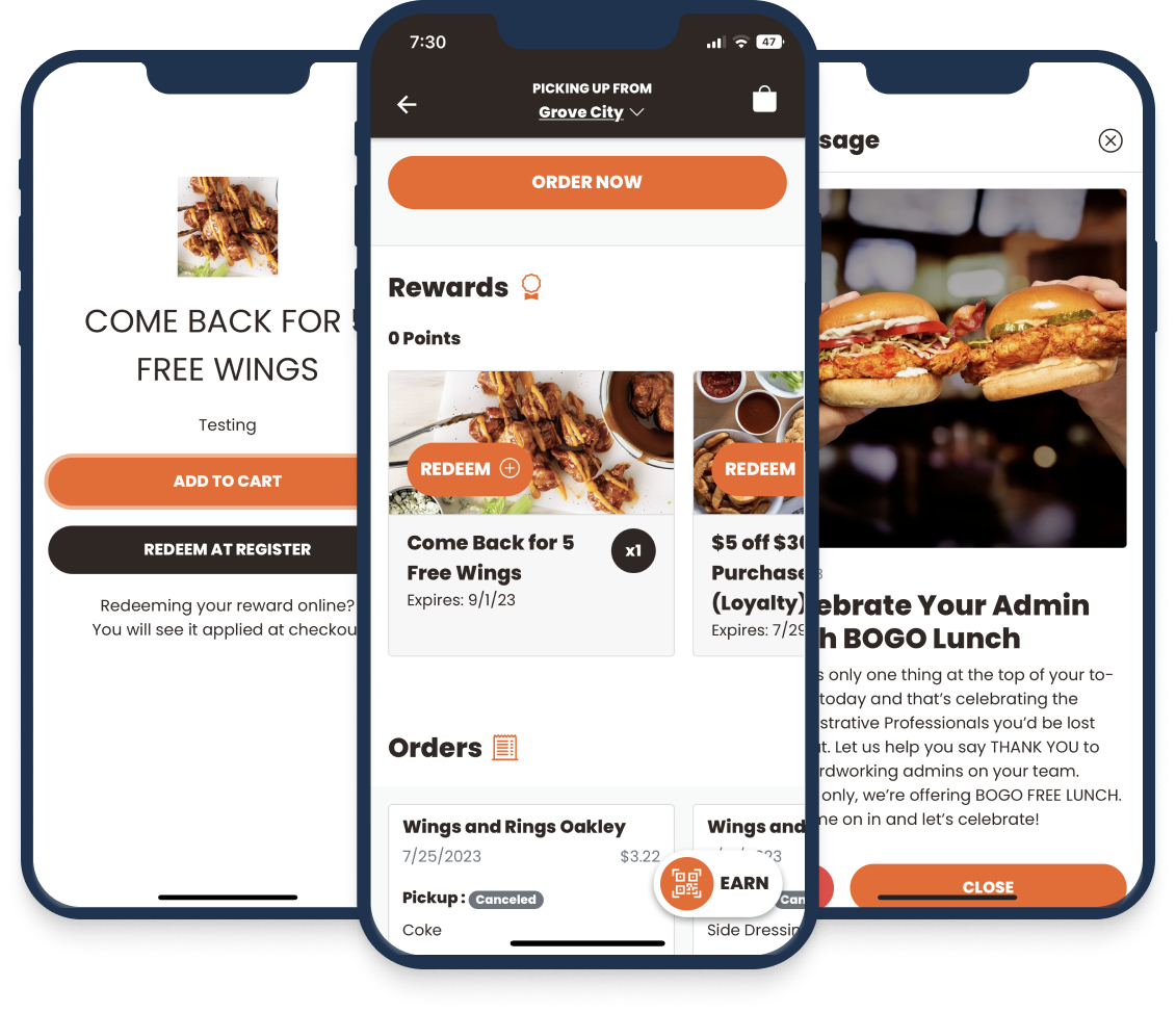 DineEngine's Punch Implementation for Wings and Rings highlighting rewards, in-store redemptions, and inbox messaging