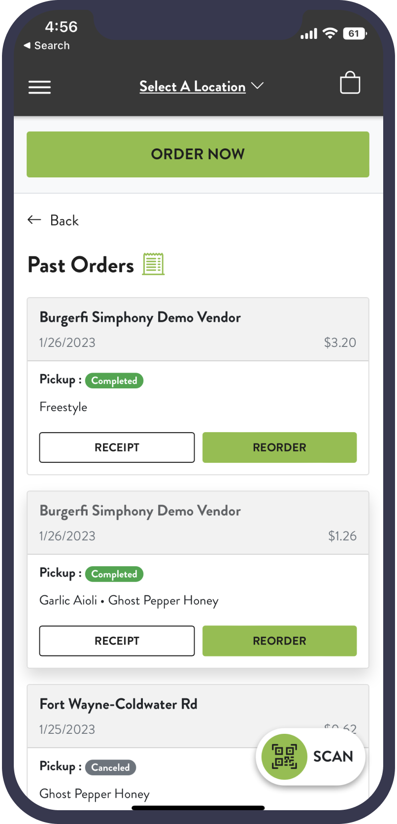 Mobile App Recent Orders BurgerFi