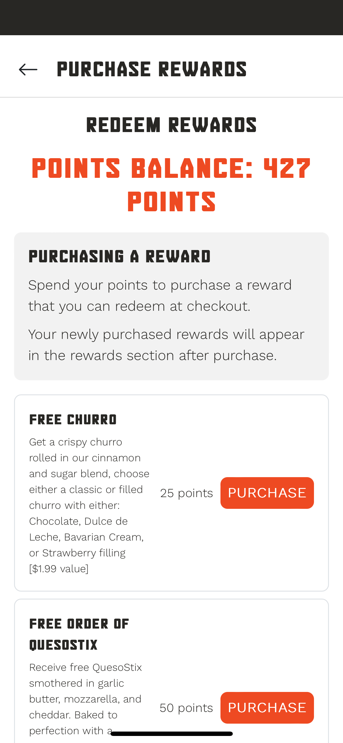 App redeem rewards screen