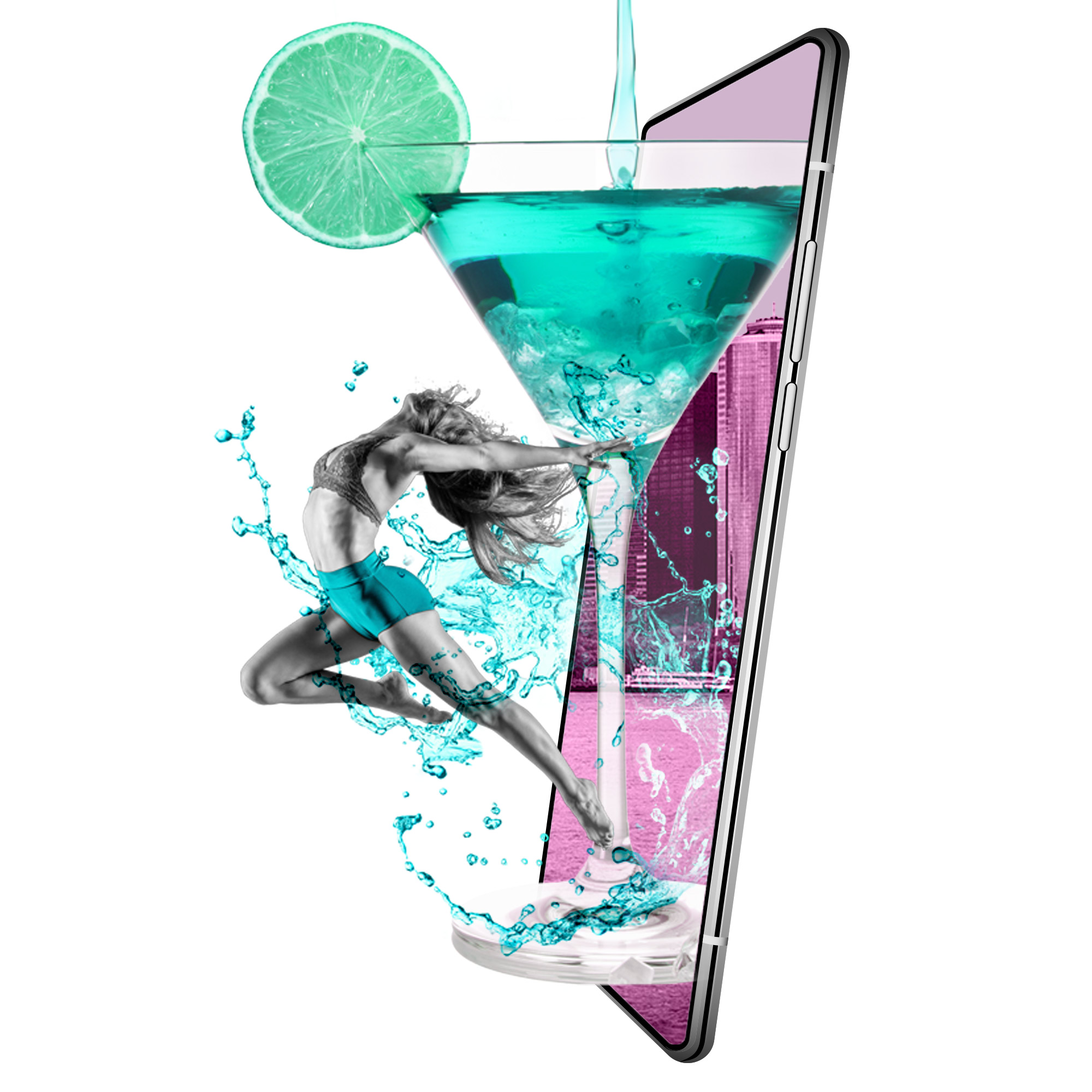 Wet and Juicy barside apps Girl jumping out of a phone with martini glass
